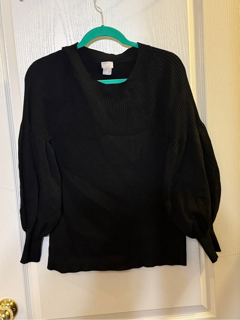 Chico's Black Ribbed Puff-Sleeve Crewneck Sweater
